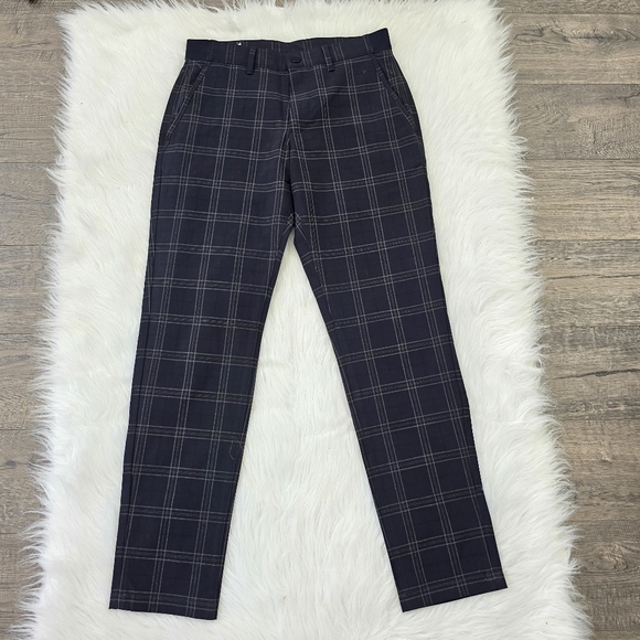 Zara Navy Blue Dress Pants with Classic Plaid Pattern Size S - Picture 1 of 5